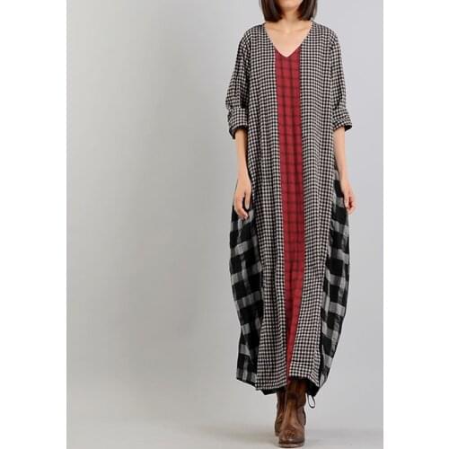 M ZANZEA Spring Vintage Sundress Women Checked Cotton Maxi Long Vestidos Long Sleeve Plaid Patchwork Dress Female Kaftan
