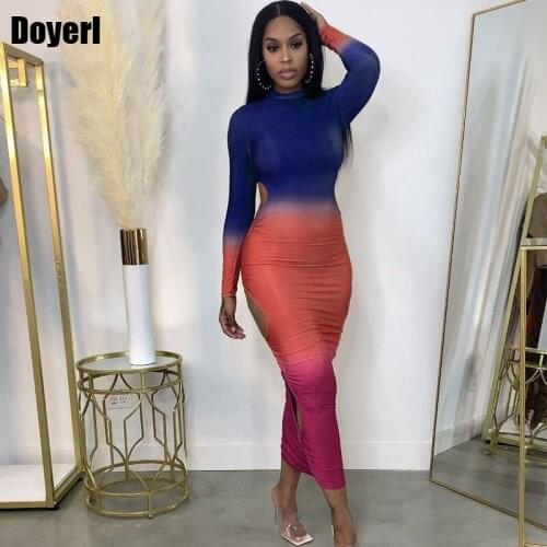 Tie Dye Cut Out Bodycon Bandage Dress Women Midi Tight Stretch Clubwear Sexy Party Dress Sheath Vestidos Elegantes Para Mujer