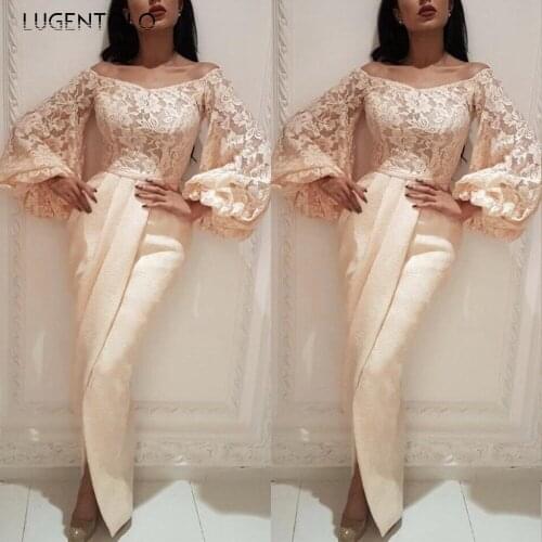 Sexy Party Dress Slim Womens One Shoulder Puff Sleeve Slit High Waist Solid Lace Stitching Autumn Fashion Women Dress Lugentolo