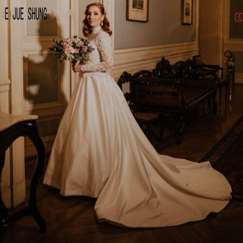 E JUE SHUNG Vintage Long Wedding Dresses Full Sleeves High Neck Lace Satin Bride Dresses Button Back Saudi Arabia Robe De Mariee