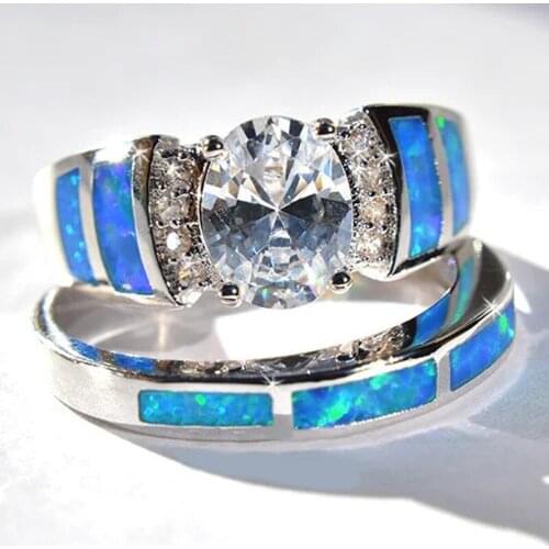 2 Pcs/set Classic Jewelry White Crystal Zircon Blue Opal Female Ring Set for Party Jewelry Accessories Size 5-11
