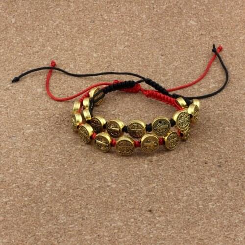 2Pcs/lots Antique gold Tone Alloy Saint Benedict Medal on Adjustable red /black Cord Wrist Bracelet B-81a