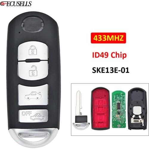 4 Button Remote Smart Car Key Fob 433Mhz with ID49 49 Chip SKE13E-01 for Mazda (Mitsubishi System) 6 3 MX-5 CX-3 CX-5 CX-7