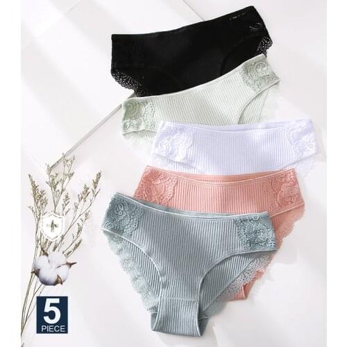 FINETOO 5PCS/Set Women Cotton Underwear Panties Floral Lace Soft Intimates Underpant For Woman Sexy Ladies M-XXL Lingerie Panty