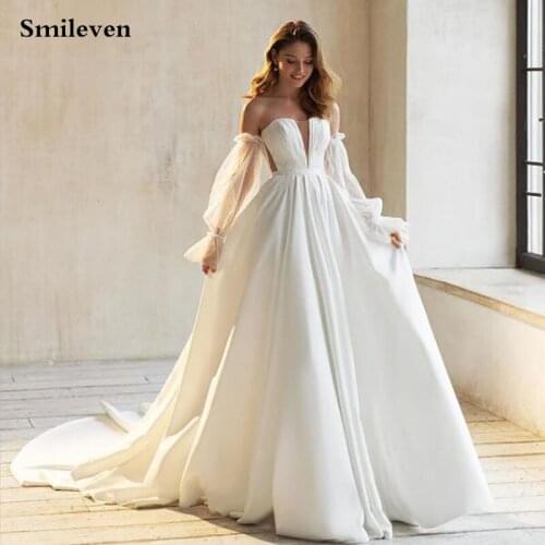 Smileven Fairy Off The Shoulder Satin Wedding Dresses Puff Sleeve Bridal Gown Detachable Sleeve Wedding Party Dress