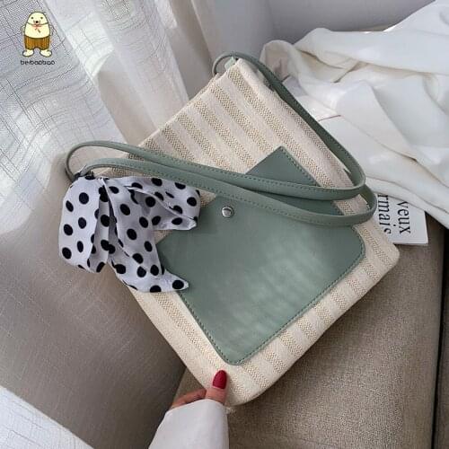 Beibaobao 2021 New Magnetic Buckle Bucket Type Straw Bag Female Shoulder Bag Large Capacity Tote Bag Fashion Striped Women Bag