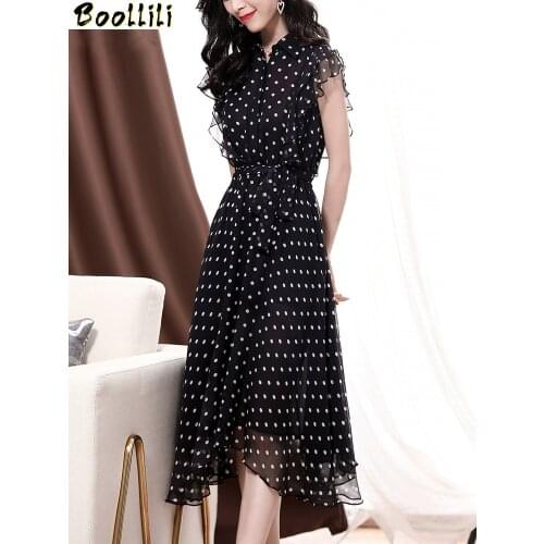 Boollili 100% Real Silk Summer Dress 2020 Vintage Elegant Sexy Party Dress Women Clothes Black Polka Dot Midi Dress Vestidos
