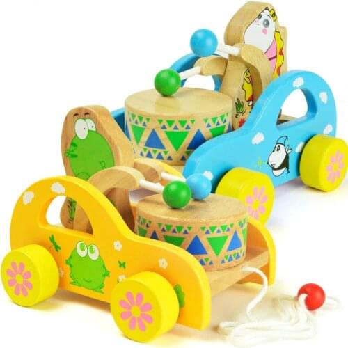 Toddler Drag Wood Block Bear Drum Car Toys Learning Education Drawable Hand-Pushed Kada Car Yard Games Children Wooden Toy Gift
