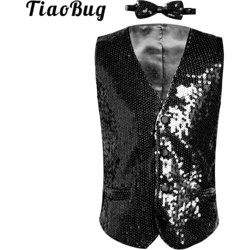 Childrens Boys Shiny Sequins Vests V Neck Gentleman Bowtie Sequined Waistcoat Wedding Party Clothes Performance Kids Slim Vest