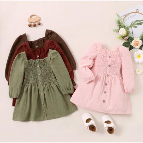 Kids Princess Dress Girls Solid Color Square Neck Long Sleeve Ruffled for Spring Fall 1-5 Years