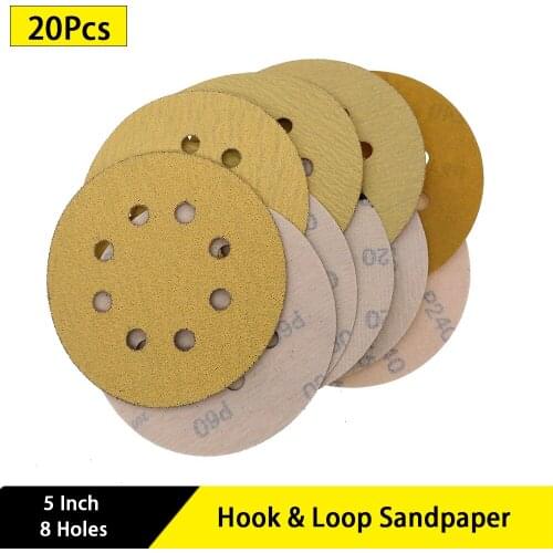 20Pcs 5 Inch 8 Holes Sanding Disc Aluminium Oxide 60 to 1000 Grits Hook Loop Gold Sandpaper for Metal & Automotive