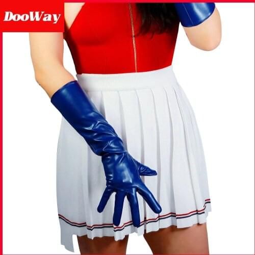 DooWay Long Evening Gloves 16-inches Navy Blue Faux Leather for women Evening Costume Party