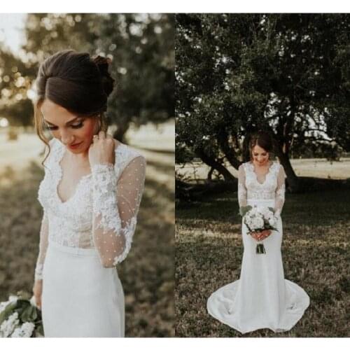 Elegant Boho Mermaid Wedding Dresses 2021 Vestido De Noiva Long Sleeve Country Wedding Gowns Sexy V Neck Open Back Bridal Dress