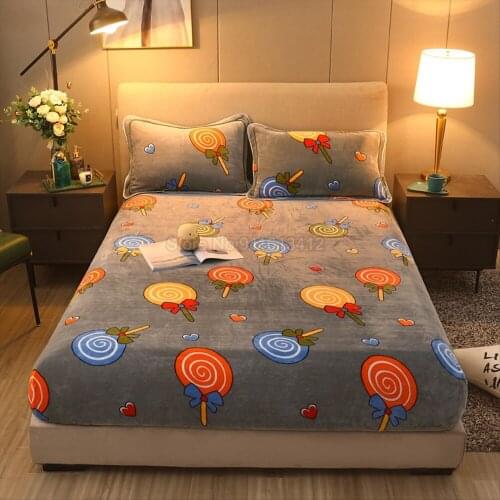 3 Pcs/set Flannel Bed Sheets Warm Cartoon Lollipop Printed Blanket Micro Fleece Extra Soft Cozy Velvet Plush Fitted Sheet