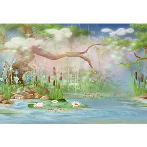 Oil Painting Riverside View Newborn Baby Shower Background Photography Printed Trees Clouds Flowers Lotus Kids Photo Backdrops