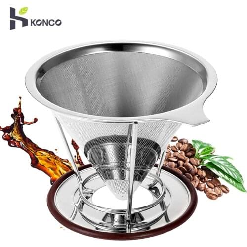 KONCO Stainless Steel Pour Over Coffee Dripper With Stand, Cone Filter Drip Coffee Maker, Reusable Coffee Filter Brewer