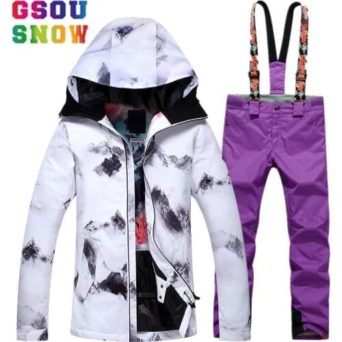 GSOU SNOW womens winter white windproof Waterproof Ski Jacket+pants set Snowboard Ski Suit Skiing Outdoor camping Snow Clothing