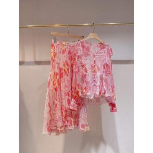 Korobov Korean Chic V Neck Long Sleeve Women Blouses and High Waist Midi Skirts Summer Print Chiffon 2 PCS Sets