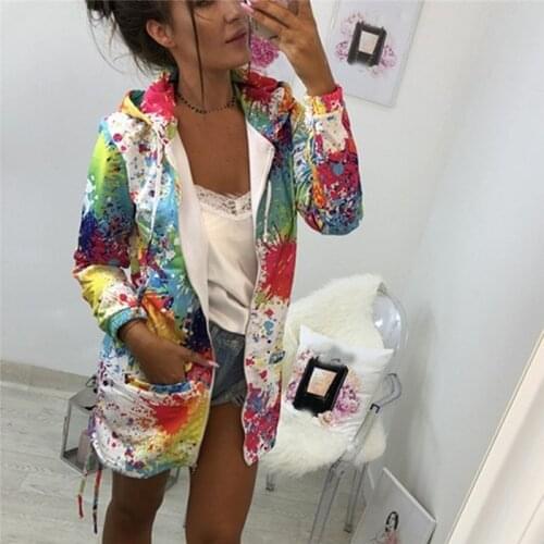 Fashion Autumn Printed Long Sleeve Pockets Streetwear Hooded Female Long Outwear Spring Women Sweatshirt Zipper Hoodies