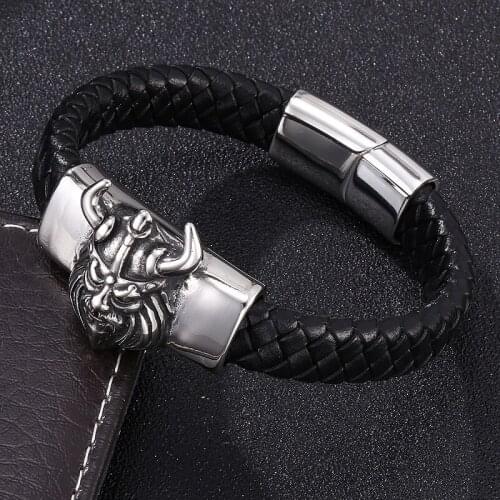 Hot Men Black Leather Bracelet Punk Savage Warrior Stainless Steel Magnetic Buckle Braided Leather Wrist Band Gifts ST0271