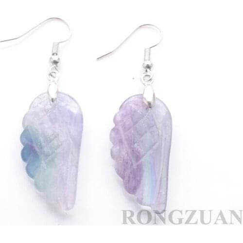 New arrivals Drop Earrings Natural Flourite Gem Stone Bead Carved Angel Wing Reiki Chakra Jewelry Lover Gift for women TR3302
