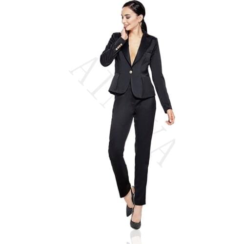 Jacket Pants Black Women Business Suits Cotton Blended Satin Lapel Formal Female Trouser Suit Office Uniform Style Ladies Suits