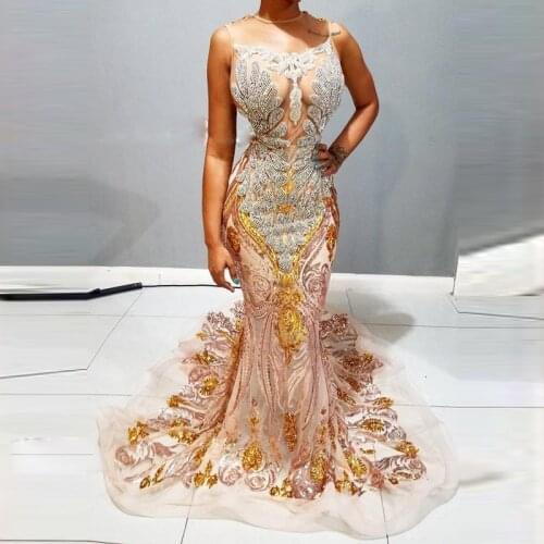 Luxury Major Beading Mermaid Prom Dresses With Sheer Neck Sequind Lace Appliques Evening Dress Illusion African Party Vestidos
