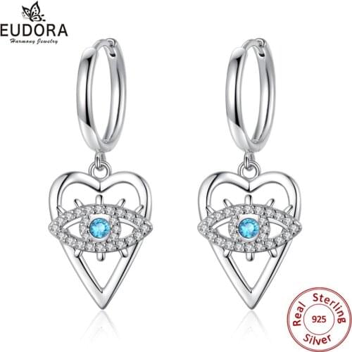 EUDORA 925 Sterling Silver Blue evil eye Earring Romantic Crystal Dangle Heart eye Drop Earring Women Fine Jewelry Gift E117