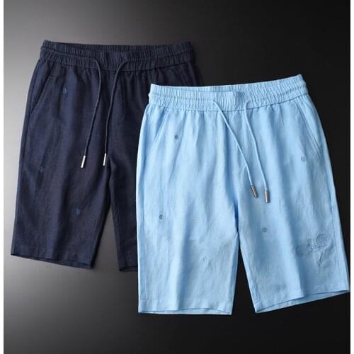 Minglu Summer Linen Male Shorts High Quality Embroidery Knee Length Solid Color Mens Shorts Fashion Elastic Waist Man Shorts 4XL
