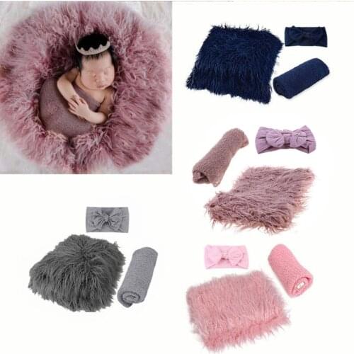 W3JF 3PCS Newborn Photography Props Toddler Photo Blankets Wrap and Headband Long Ripple Wrap Photo Prop
