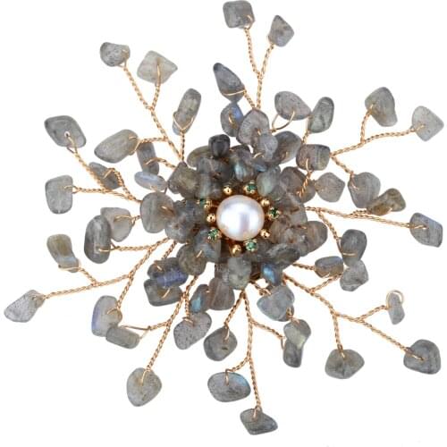 Yacq Women Natural Spectrolite Freshwater Pearl Cubic Zirconia Pin Brooch Pendant 2 in 1 Handmade Jewelry Flexible Copper Wire