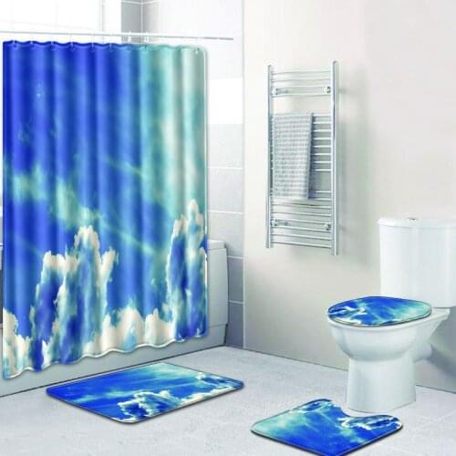 3D Printed Blue Sky White Cloud 4pcs set Shower Curtain + 3 Closestool Carpets Toilt Mat House Cushion Door Rug