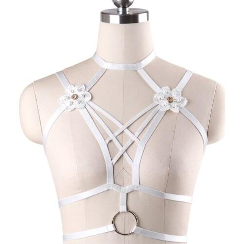 Womens Gothic Body Harness White Flowers Bra Elastic Sexy Lingerie Bondage Harness Fetish Rave Wear Crop Top Cosplay Body Cage