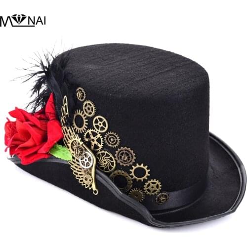 Gothic Steampunk Feather Gear Top Fedora Gothic Victorian Unisex Party Black Hat Cosplay Hats Handmade