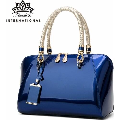 AMELISH 2021 Womens Bag Solid Color Patent Leather Boston Bags Luxury Designer Female Shoulder Handbag Simple Party Totes