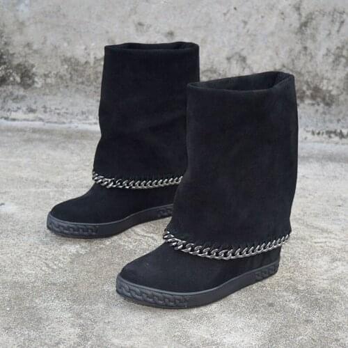 Botines mujer suede leather platform shoes metal decoration ankle boots height increasing chain wedges Black boots woman botas