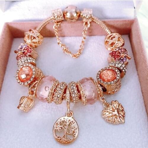 High Quality Rose Gold Crystal Charm Bracelets For Women With Pink Leaves Bracelets &Bangles Fashion Jewelry Gift