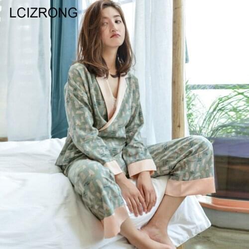 Spring Fashion Cotton Pajamas Set Women V-neck Long Sleeve Tops Ankle-Length Pants Comfortable Cute Print Home Clothes