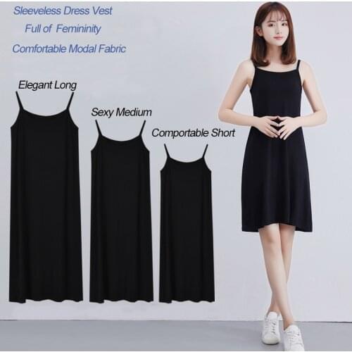 Womens Modal Full Slip Dress Spaghetti Strap Vest Skirt Caual Basic Sling Long Under Dress Camisoles Slips Inner Petticoat