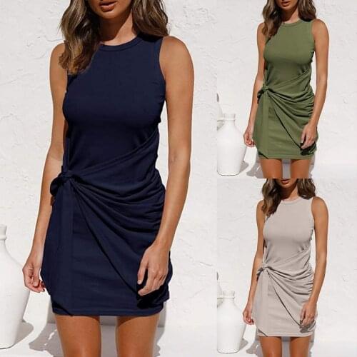 2021 Women Pencil Dress Summer Casual O-Neck Slim Fit Skinny Bag Hip Solid Color High Waist Streetwear