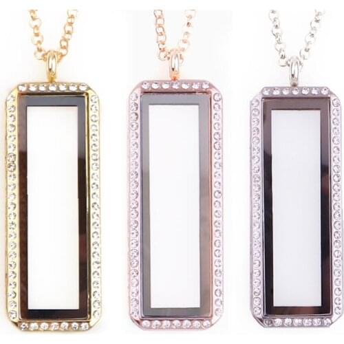 1PCS/lot Rhinestones Rectangle Floating Locket With Necklace Chains Glass Memory Living Locket Pendant Charms Women Gift Jewelry