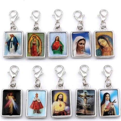 10Pcs Double sided Jesus Christ icon Floating Lobster Clasps Charm Beads Fit Charm Bracelet Jewelry Christmas gifts 13.8x38mm