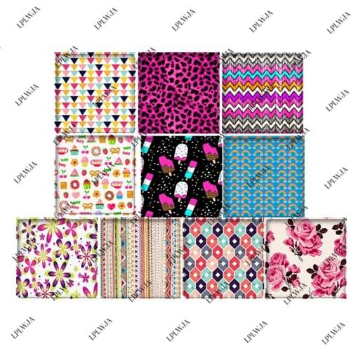 LPLWJA 10pcs Geometry Pattern Square Shape Glass Cabochon Mixed Photo Demo Flatback Base Tray DIY Jewelry Findings