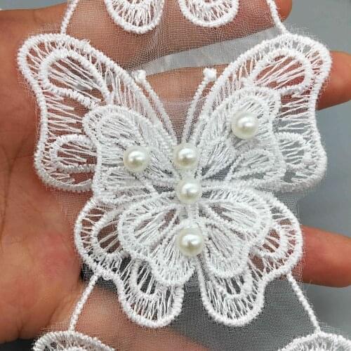 5pcs Vintage White Organza Butterfly Fabric Trim Beaded Dress Ribbon Pearl Edge Sewing Applique Lace Wedding Craft