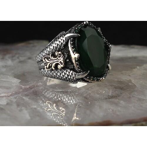 925 sterling Silver Eagle Claw Men 'S Ring Crystal Cut Green Zircon Stone Mens Ring