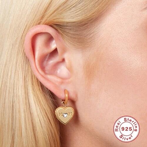 GS 925 Sterling Silver Mom Letter Heart Pendant Gold Hoop Earrings For Women Cubic Zirconia Jeweled Mother Gift Luxury Jewelry