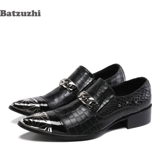 Batzuzhi Fashion Mens Dress Shoes Vintage Metal Pointed Toe Black Genuine Leather Shoes Men Business Chaussure Homme Big Size 46