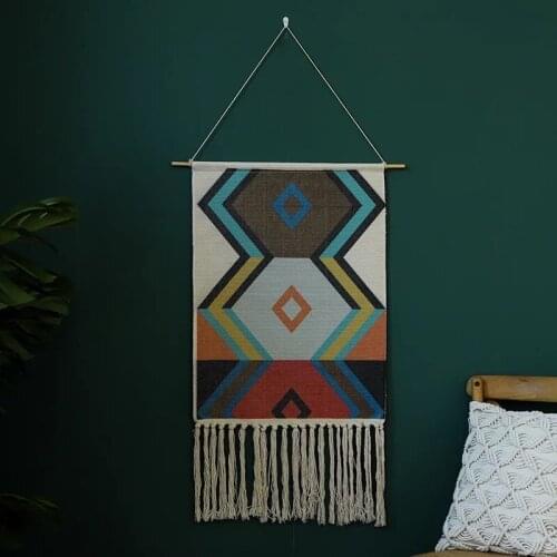Bohemian Cotton Linen Tapestry with Tassel Handmade Nodic Style Home Decor Geometric Wall Door Hanging Tapestry Wall Door Decor