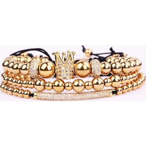 New Fashion Luxury CZ Micro Pave Crown Charm Stainless Steel Beads Friendship Macrame Bracelet Women Men
