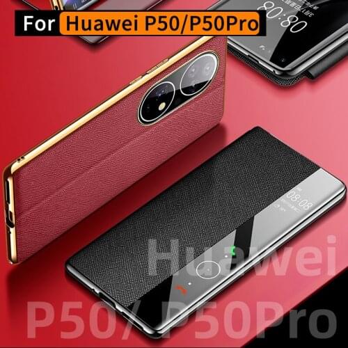Genuine Leather Case for Huawei P50 Pro, Huawei P50 Case, Flip Phone Cover Cross Pattern Genuine Leather Phone Case